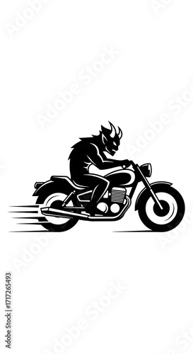 A stylized silhouette of a demonic figure riding a motorcycle, conveying a sense of speed and ominous energy.