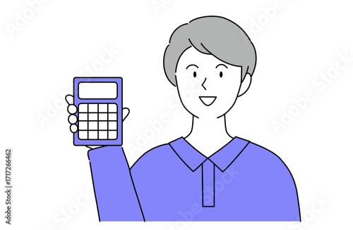 シンプルな電卓を持つ笑顔の若い男性の線画ベクターイラスト