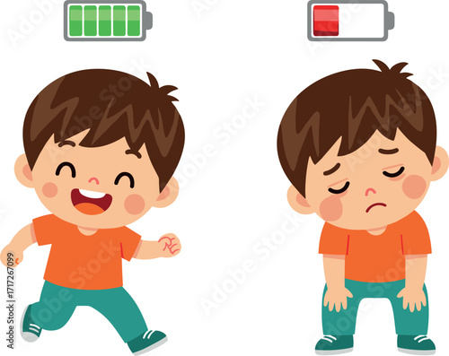 Cartoon child energy levels with battery icons, showing tired and active mood, health concept, fatigue awareness, kids behavior illustration