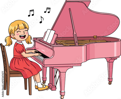 Cartoon child playing pink grand piano, singing music with sheet notes, joyful musical moment, indoor scene, colorful vector illustration