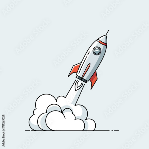 A minimalist vector illustration of a rocket launching with a simple cloud of smoke