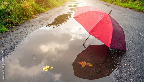 reflection umbrella in puddle, wet asphalt natural background. rainy weather season. flat lay. copy space
