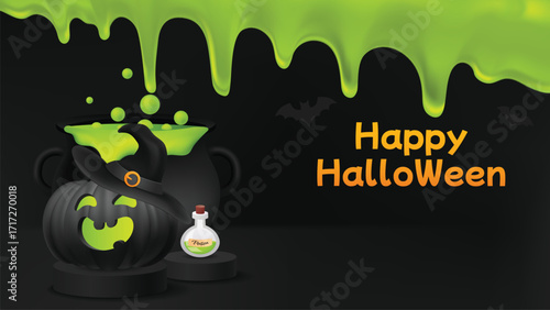 Vector art of happy halloween spooky cauldron with dripping slime and potion