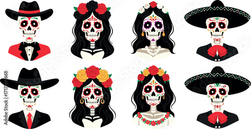Colorful Day of the Dead Characters in Traditional Mexican Attire with Sugar Skull Face Paint and Floral Decorations for Festive Design