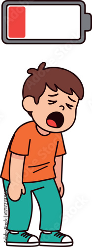 Exhausted child cartoon illustration with low battery icon, fatigue concept, energy depletion, burnout, tired kid, emotional stress vector art