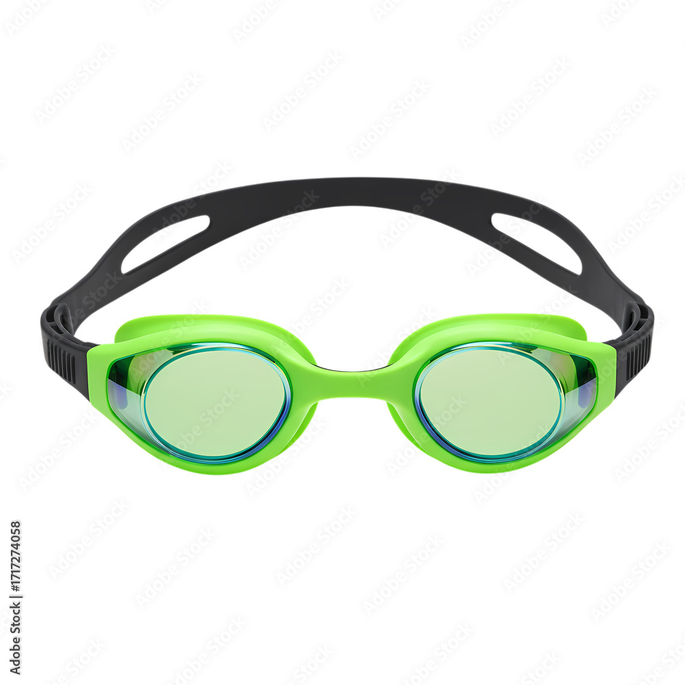 Fototapeta premium Vibrant green swimming goggles with reflective lenses and adjustable strap for clear underwater vision and athletic performance.