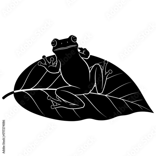 Playful Vector Silhouette of an Amazonian Tree Frog Climbing a Leaf Wildlife Art