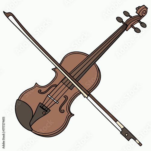 Classic Wooden Violin with Bow Isolated on White Background – Musical Instrument for Orchestra and Symphony.