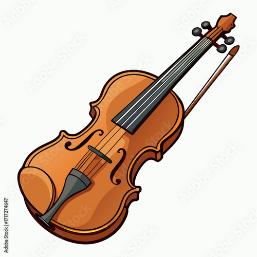 Classic Wooden Violin with Bow Isolated on White Background – Musical Instrument for Orchestra and Symphony.