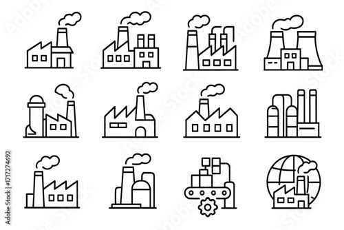 Factory icon set. Industrial building, manufacturing and production line icons. Vector power plant, refinery, pollution, energy, assembly line symbols for web, graphic design.