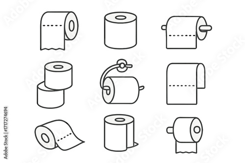 Toilet paper roll line icon set. Bathroom tissue and hygiene symbol collection. Minimal outline pictogram for web, graphic design, apps. Vector lavatory, restroom concept.