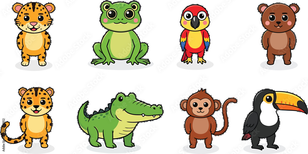 Fototapeta premium Cartoon jungle animals isolated on white background on transparent background