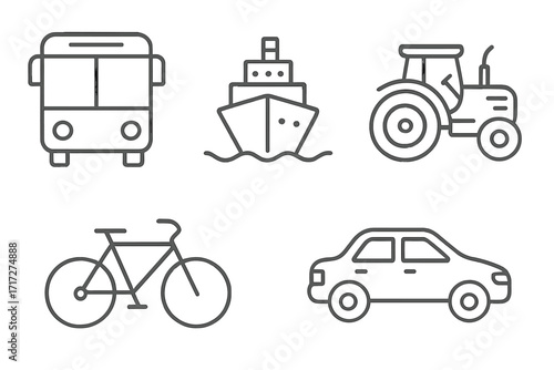 Transport icon set. Bus, ship, tractor, bicycle, car line icons. Public transport, vehicle, logistics, travel concept. Editable stroke vector for web, app, infographics.