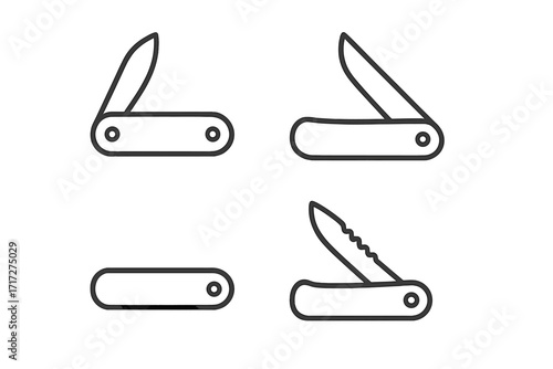 Folding knife line icon set. Pocketknife outline signs. Camping, hiking, survival tool. Penknife vector symbol. Utility blade. Multitool pictogram for web, app, UI, UX design.