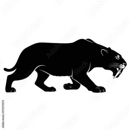 Predatory Vector Silhouette of a Saber toothed Tiger in a Stalking Pose Extinct