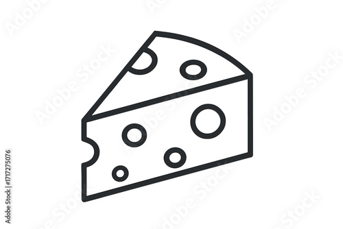 Cheese wedge vector line icon. Minimalist swiss cheese slice pictogram. Dairy food product symbol. Outline illustration for logo, app, web, menu. Delicious gourmet meal concept.