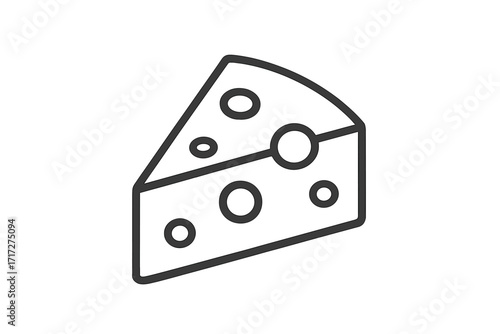 Cheese slice icon. Swiss cheese wedge line art. Dairy food symbol. Gourmet, emmental, parmesan, cheddar. Minimal vector illustration. Outline pictogram for graphic design, web, apps.