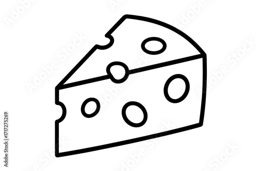 Cheese wedge outline icon. Linear symbol for graphic design. Vector cartoon illustration for web, apps, ads. Swiss cheese slice with holes. Dairy food product concept logo.