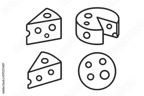 Cheese icon set. Outline symbol collection for food, dairy, and grocery design. Vector illustration of Swiss cheese wedge, wheel, and slice for web, apps, and menu graphics.