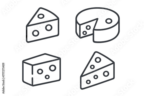 Cheese outline icon set. Vector cartoon illustration of swiss cheese slices, wheel and block. Dairy food symbol for graphic design, web, app, logo, menu and packaging.
