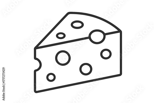 Cheese slice outline icon. Emmental or swiss cheese wedge symbol. Linear pictogram for food packaging, web design, app, logo. Dairy product vector graphic. Isolated cartoon.