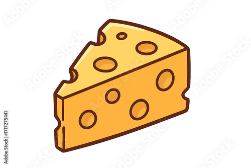 Cheese wedge icon in a simple cartoon style. Vector illustration of a slice of Swiss cheese. Dairy food symbol for cooking, snacks, or gourmet products. Isolated design.