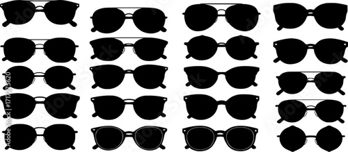 Sunglasses vector collection, modern vintage styles, fashionable eyewear silhouettes, black sunglasses illustration, white background, perfect for fashion designs, icons, graphics