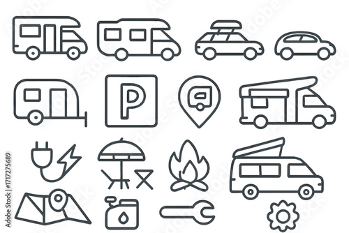 Motorhome and car line icon set for camping, road trips, and van life. RV, camper, caravan travel adventure symbols. Parking, map, fire, power, repair outline pictograms.