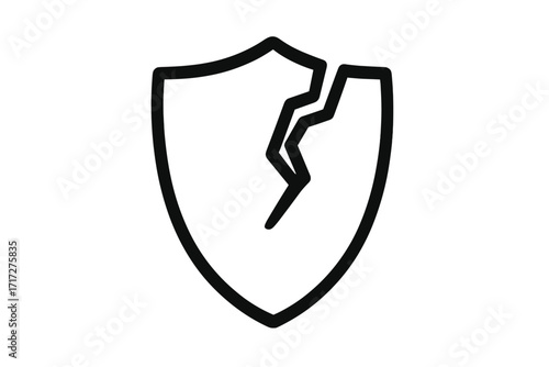 Cracked shield icon. Broken protection and vulnerability concept. Security failure, risk, and danger symbol. Unprotected data breach metaphor. Simple outline vector illustration.