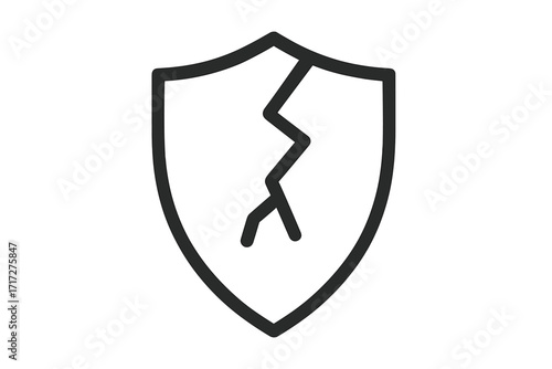 Cracked shield vector icon. Broken protection symbol. Metaphor for vulnerability, risk, and security breach. Unprotected data concept. Cyber attack sign. Weakness design.