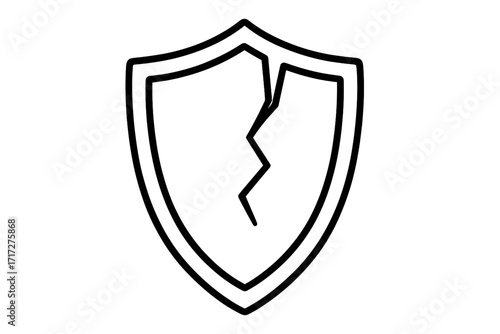 Cracked shield icon. Broken protection and security symbol. Concept of vulnerability, risk, damage, and failure. Data breach metaphor. Unsafe, weak, hacked defense line art.