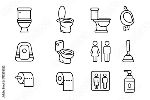 Restroom and toilet line icon set. Collection of public bathroom symbols. Lavatory, WC, urinal, toilet paper, plunger and gender signs. Vector pictogram illustration.