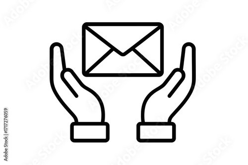 Hands holding mail envelope, minimal outline icon. Concept for communication, sending or receiving a letter, message, post, contact us. Postal delivery service. Support, care.