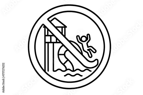 No sliding on water slide prohibition sign. Forbidden icon for aquapark safety rules. Warning symbol for swimming pool area. Vector outline linear illustration design concept.