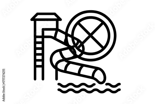 Water slide closed icon. No sliding prohibition sign. Water park safety rules symbol. Outline vector graphic for web, apps, and print. Danger warning illustration.