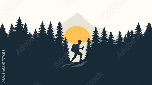 Silhouette of hiker ascending a mountain trail through a pine forest at sunset.