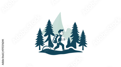 Illustration depicts a person hiking through a forest, surrounded by trees and mountains.