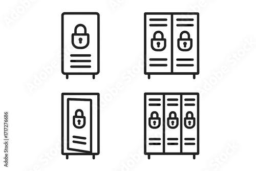 Locker icon collection with thin editable stroke, security padlock symbols, vector cartoon illustration for web, apps, books, cards, transparent background, set 2