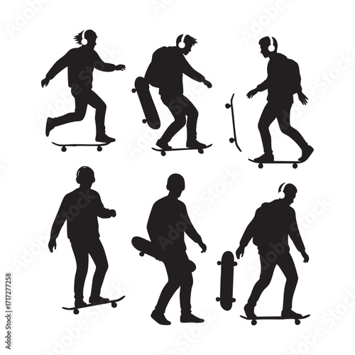 Collection of skateboarder silhouettes in action isolated on white background silhouette