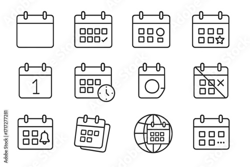 Set of calendar line icons with event check, date, reminder, clock, global schedule, and alert symbols for graphic design, web, app, and advertising cards, vector illustration