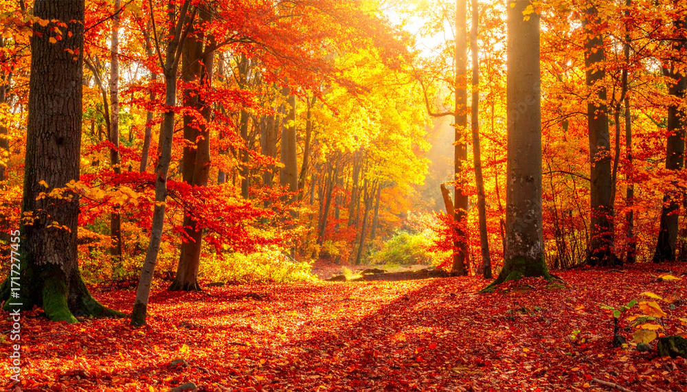 Fototapeta premium Colorful autumn forest path in the morning sun with yellow and orange leaves