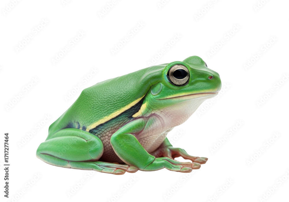 Obraz premium Adult emerald green tree frog, creamy belly, dark stripe, large eyes, head tilted, looking right, on transparent studio background with bokeh. Concept of serene wildlife