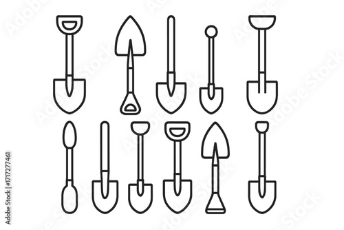 Shovel outline icons bundle with editable stroke, simple linear illustration set for gardening, construction, landscaping, digging tools, vector cartoon transparent background