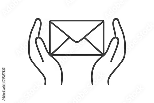 Staff holding envelope between hands outline line icon, graphic design symbol for apps, adverts, various cards, secure mail concept, vector cartoon illustration