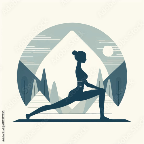 Woman practicing yoga warrior pose.