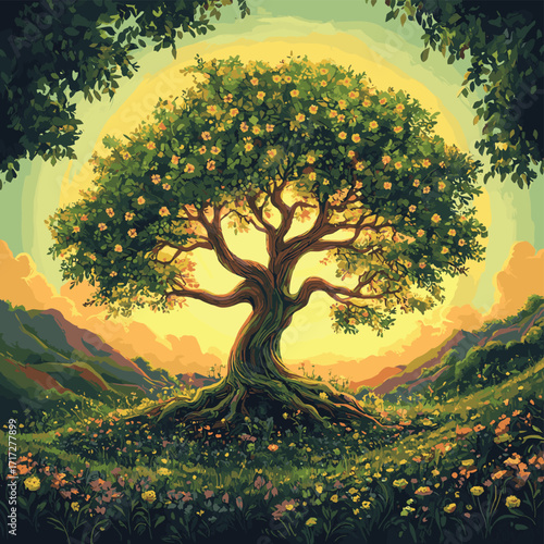 Whimsical digital painting of a vibrant learning tree in a lush nature setting , vector style simple color
