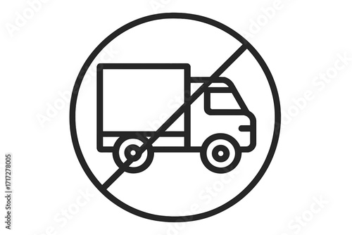 Prohibited delivery truck icon. Transport restriction sign. No cargo truck allowed. Outline vector symbol for graphic design, apps, adverts, and various cards usage.