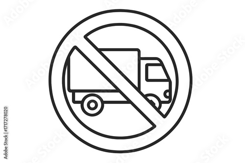 No delivery truck allowed sign. Prohibited transport icon with crossed truck symbol. Traffic restriction vector illustration for graphic design, apps, adverts, and signage usage.