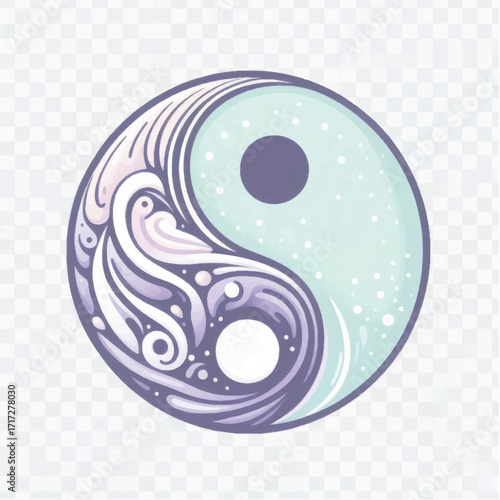 Yin Yang Symbol with Swirling Waves and Dots.