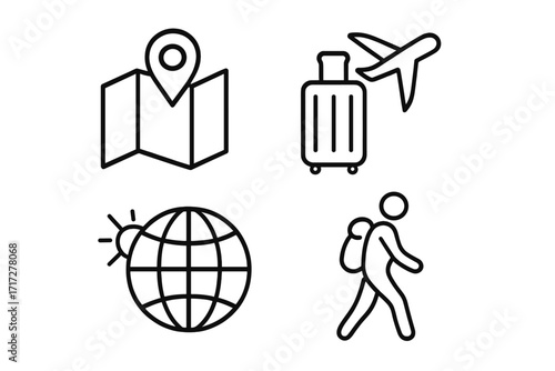 Travel simple linear icons set including map with location pin, suitcase with airplane, globe with sun, and backpacker hiking, vector cartoon illustration for travel apps and graphics